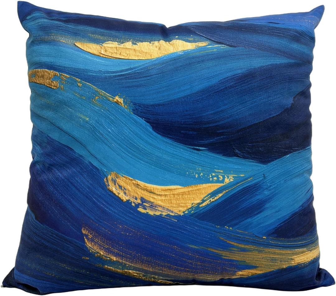 Blue and Gold Throw Pillow Cover 18x18, Soft Velvet Abstract Art Decorative Cushion Case, Modern Oil Painting Design for Sofa Couch Living Room (1 Pack, No Insert)