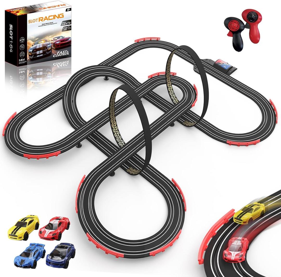 Slot Car Race Track 32Ft Electric Powered Racing Tracks Sets for Boys and Kids ,Dual Racing with 4 High Speed Cars and 2 Hand Controllers, Gift Toys for Children 6,7,8 Years Old