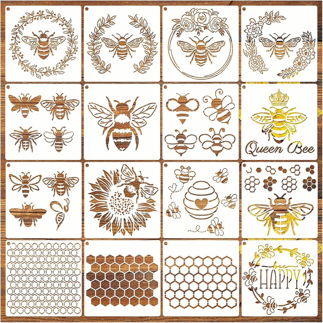 Bee Honeycomb Stencil, Reusable Bee Stencils for Painting on Wood Signs Furniture DIY Crafts Wall Canvas Fabric Plastic Drawing Template Hexagon Paint Wood Burning Stencils (16bee)