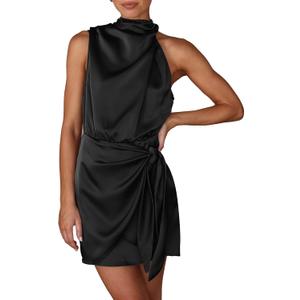 PRETTYGARDEN Women's Short Formal Satin Dress Summer Sleeveless Mock Neck Tie Waist Cocktail Party Dresses (Black, S)