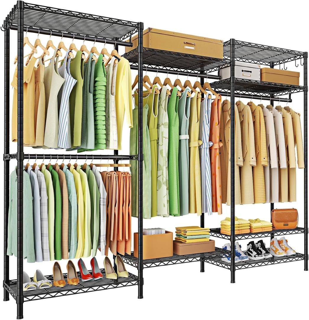 Ulif E13 Heavy Duty Clothes RackWith 4 Hanger Rods & 8 Shelves Freestanding Clothing Racks for Hanging ClothesAdjustable Closet OrganizerMetal Garment Rack 63" W x16 D x77 HMax Load 900LBSBlack