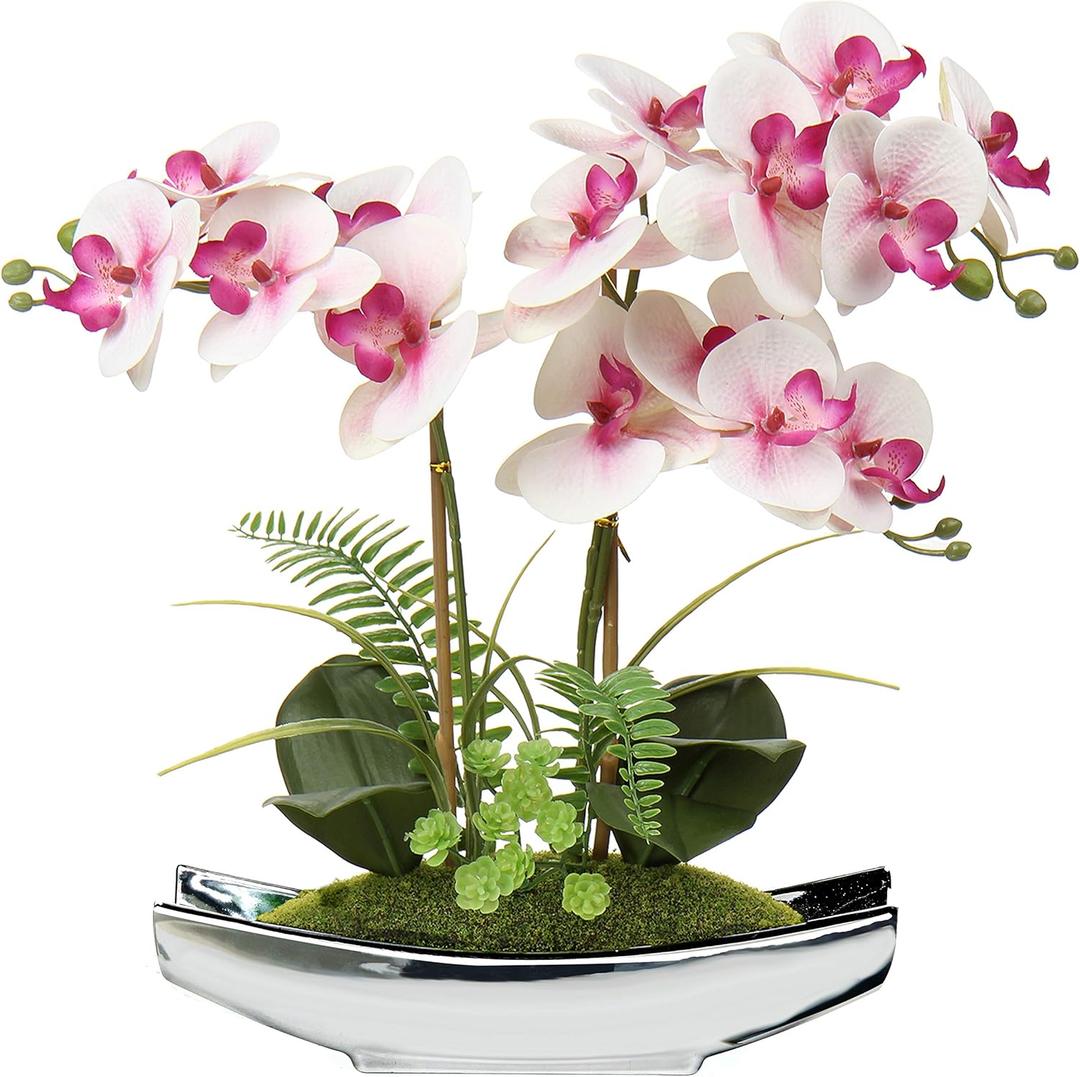Briful Orchids Artificial Flowers 15" Light Pink Phalaenopsis Orchid with Silver Pots Real Touch Faux Orchid Plant for Home Office Bathroom Living Room Decoration