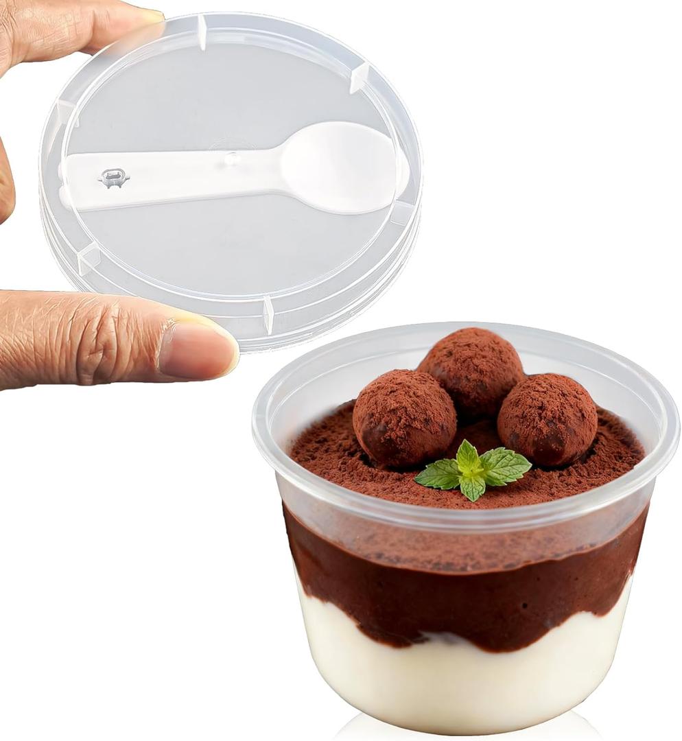 8oz Plastic Dessert Cups with Lids and Spoons, Clear Yogurt Parfait/Appetizer Cup with Lids for Party, Mini Round Dessert Cups with Spoons for Pudding/Jello/Milkshake/Fruit/Ice Cream,25 Pack
