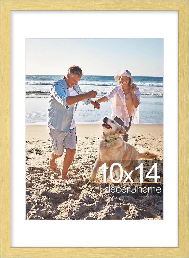 decorUhome 10x14 Picture Frame, Display Pictures 8.5x11 with Mat or 10x14 without Mat, Wall Mounting Photo Frame, Gold, 1 Pack