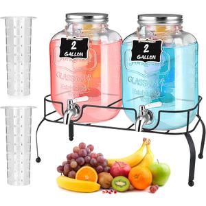 Lallisa 2 Pcs 2 Gallon Glass Drink Dispenser with Stand Ice Cylinder Hanging Chalkboard Signs 18/8 Stainless Steel Spigot Beverage Dispensers for Parties Mason Jar Drink Lemonade (Silver Spigot)