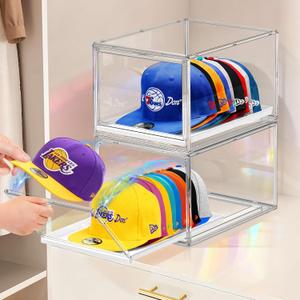 Hat Organizer Box for Baseball Cap, Stackable Hats Storage Container with Sliding Tray Drawer, Large Caps Display Case with Magnetic Door for Closet 16-20 Hats 2Pack Clear