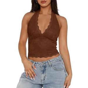 Women Sexy Cropped Halterneck Lace Top Sleeveless Backless V-Neck Lace Trim Crop Top Slim Fit Summer Tanks. Size S