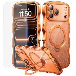 3 in 1 for iPhone 17 Pro Max Case with 360° Spin Magnetic Stand, 1X DIY Glitter Cardstock+1X Screen Protector, [Fit for Magsafe]Cute Wavy Glossy Clear Phone Cover for Women Girls 6.9", Cosmic Orange