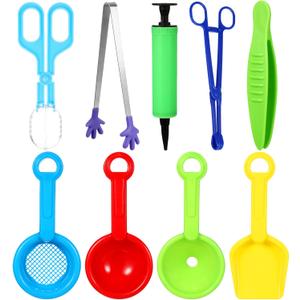 Wettarn 9 Pcs Sensory Bin Filler Fine Motor Skills Handy Scooper Set Sensory Bin Tools, Include 4 Scoops, 2 Tweezers, Scissors Clips, Plastic Forceps and Air Pump for Sorting Counting