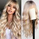Ombre Blonde Wigs with Bangs,Long Curly Wig for Women,Blonde Long Wavy Wig Synthetic Hair Wig for Party Cosplay Daily Use 24IN