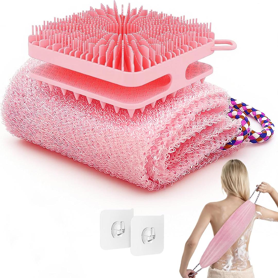 Manmihealth Dual-Sided Silicone Body Scrubber Scalp Massager & African Bath Sponge Net Set, 2-in-1 Silicone Shower Shampoo Brush Africa Wash Net Combination, Lather Well, Strong Exfoliating (Pink)