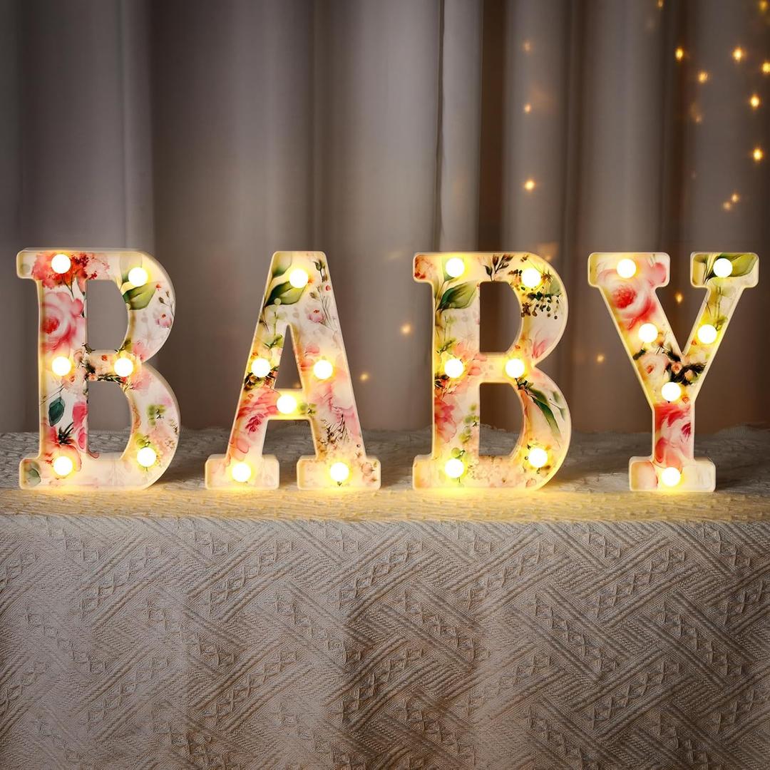 Realspring Woodland Greenery Centerpieces Baby Marquee Light up Sign Letters 8.26'' Baby Shower Letter Battery Operated Gender Reveal Birthday Party Decor for Home Table(Pink)