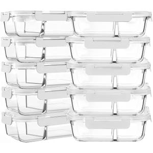 M MCIRCO [10-Pack,30 Oz Glass Meal Prep Containers 2 Compartments Airtight Lunch Bento Boxes with Lids, Glass Food Storage Containers, Microwave, Oven, Freezer and Dishwasher, White