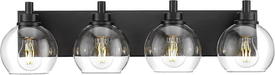 Bathroom Light Fixtures, 4 Light Matte Black Vanity Light, 26 Inch Modern Wall Sconces with Globe Clear Glass Shade, Vanity Lighting Fixtures Over Mirror, VL195-MB-CL-4