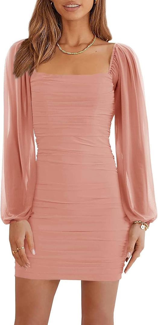 Wenrine Women's Mesh Long Sleeve Square Neck Ruched Party Club Cocktail Bodycon Mini Dress (Pink, M)
