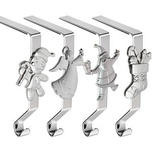 XENTUMI Christmas Stocking Holders for Mantle Set of 4, Reusable Christmas Stocking Hooks, No-Damage Xmas Hanger for Fireplace Mantle Grip Stand Christmas Decoration Ornaments Hanging Shelf Floor (Silver)