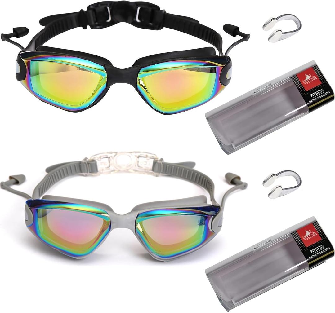 YLYUELANG Swimming Goggles with Earplug Design,No Leaking,Anti-Fog,Anti-UV,Perfect Swim Goggles for Men,Women and Youth (Black+grey)