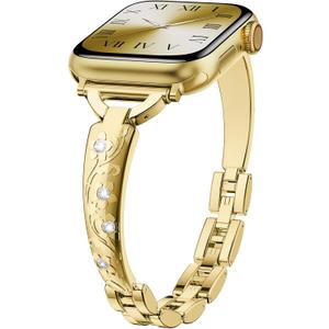 Diamond Metal Bands for Women Compatible with Apple Watch Band 38mm 40mm 41mm 42mm 44mm 45mm 46mm 49mm Simple and Stylish Adjustable Metal Band for iWatch Series1/2/3/4/5/6/7/8/9/10/SE (Gold)