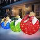 Christmas Outdoor Decoration 3-Pack Lighted Ornament Balls, LED Holiday Décor with Snowcap & Bow, Pop-Up Christmas Balls with Top Hanger Ring & Metal Bases for Indoor/ Outdoor Lawn & Porch