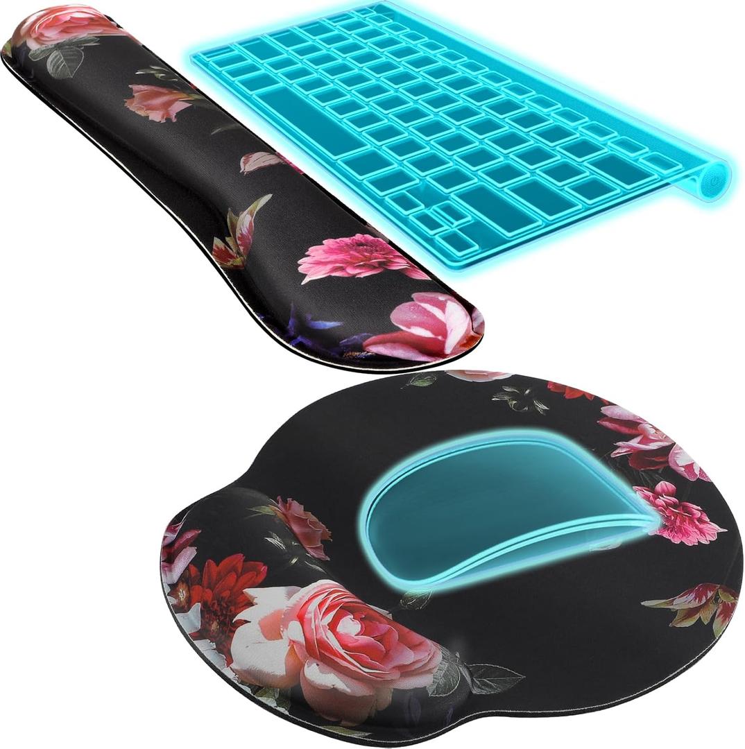 KTRIO Ergonomic Keyboard Wrist Rest and Mouse Pad with Wrist Rest Set, Memory Foam Wrist Support for Typing, Gaming, Office and Home Use, Pale Pink, Peony Flower