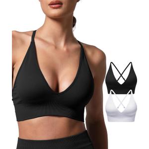 V Neck Adjustable Spaghetti Straps Sports Bra for Women, Padded Criss Cross Back Longline Yoga Bra Workout Crop Top Multipack (Large, Black White)
