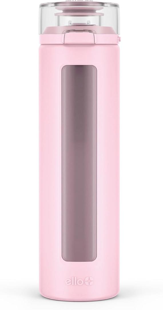 Ello Syndicate 20oz Reusable Glass Water Bottle with One-Touch Leak Proof Flip Lid, Protective Non-Slip Silicone Sleeve, Carry Loop for Coffee, Tea and Water, BPA-free, Dishwasher Safe, Cashmere Pink