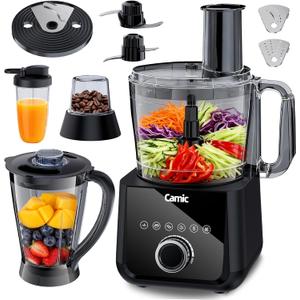 Camic Food Processor and Blender for Home Use, 600W, Blending, Grinding, Shredding, Slicing, Doughing, Meat and Vegetable Chopping, Ice Crushing, 6 Presets, Easy to Operate and Clean (Upgrade version)