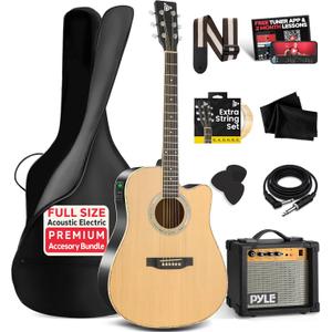 Pyle Cutaway Acoustic Electric Guitar and Amp Kit, 4/4 Full Size Spruce Wood Body with 10W Amplifier, Gig Bag, Strap, Extra Steel Strings, Picks, Cable, for Beginners and Adults, Natural, 40"