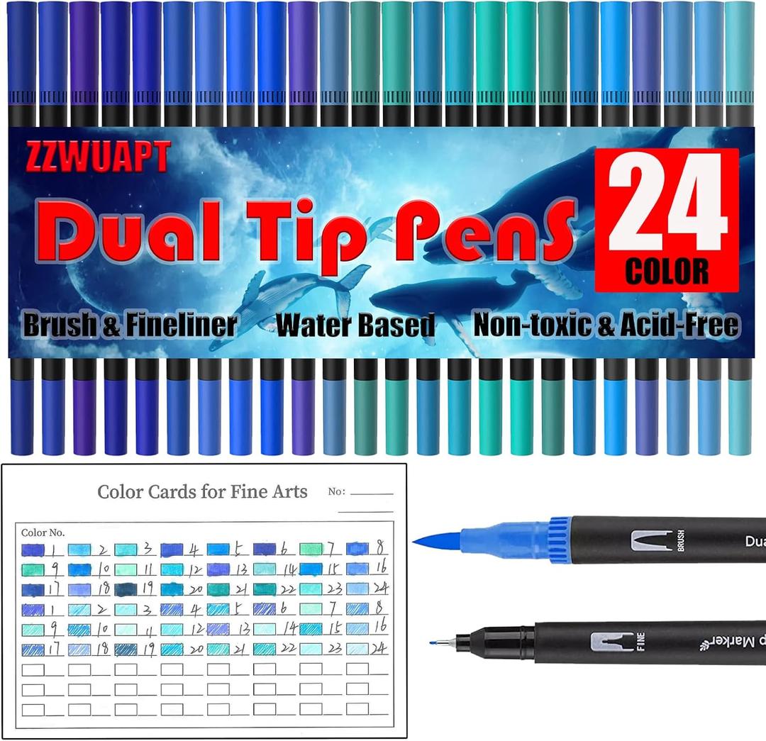 Blue Double Tip Brush Pens Art Markers,24 Colored Artist Fine Brush Pen Coloring Markers for Adult Book Drawing Art Craft Kit