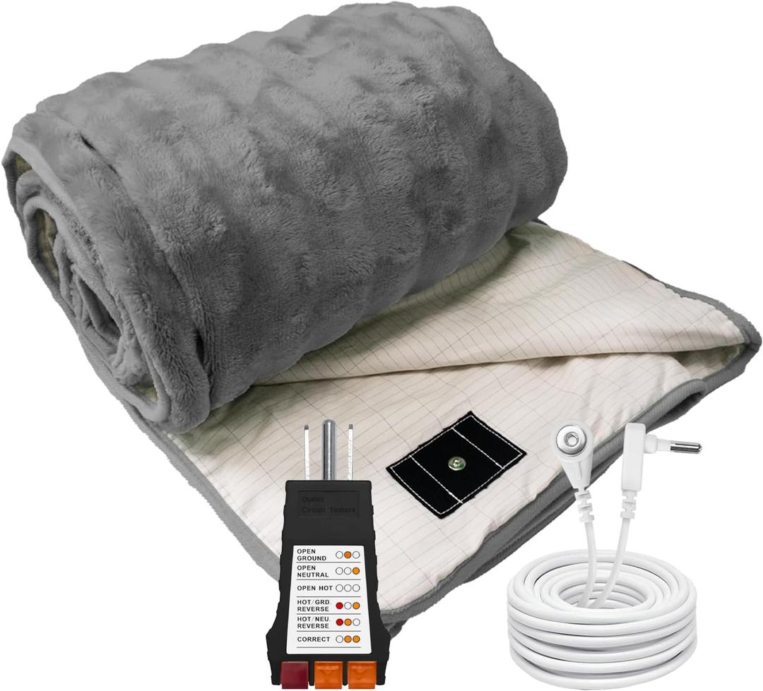 Grounding Blanket for Bed, Grounding Sheet Blanket Throw for Sleeping, Bubble Plush Blankets with Black Outlet Tester and 15ft Cord, Grounding Mat for Bed for Adults (Grey, 6080inch)