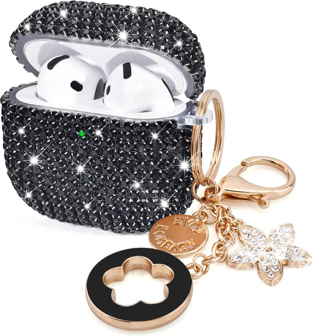 VISOOM Cute Jewelry Cases for Airpods 4 Cases 2024 Cover Women, Sparkly Air pods 4 Gen Case Hard TPU Airpod Case 4th Generation Bling Glitter iPods 4 Case Keychain for iPods Earbuds Airpods 4th-Black