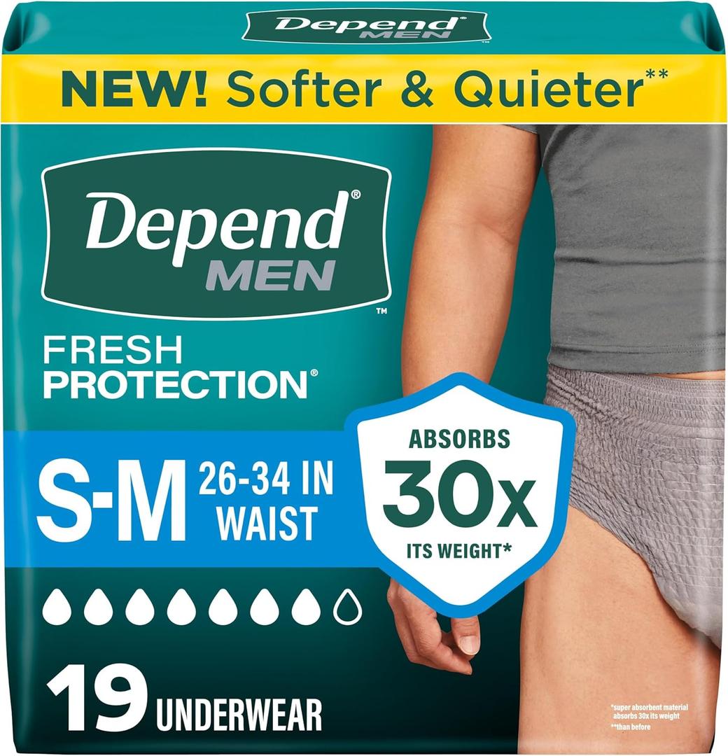 Depend Fresh Protection Adult Diapers, Incontinence Underwear for Men, Disposable, Maximum, Small/Medium, Grey, 19 Count