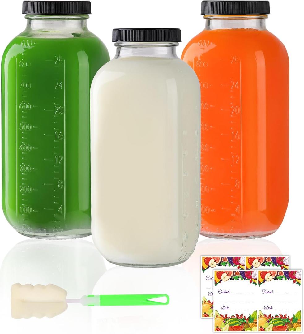 AuroTrends 32 oz Glass Juice Bottles with Lids 3 Pack - Large 960ml Reusable Bottles for Juice, Kombucha, Lemonade, Smoothies & Craft Soda with Leak-Resistant Cap