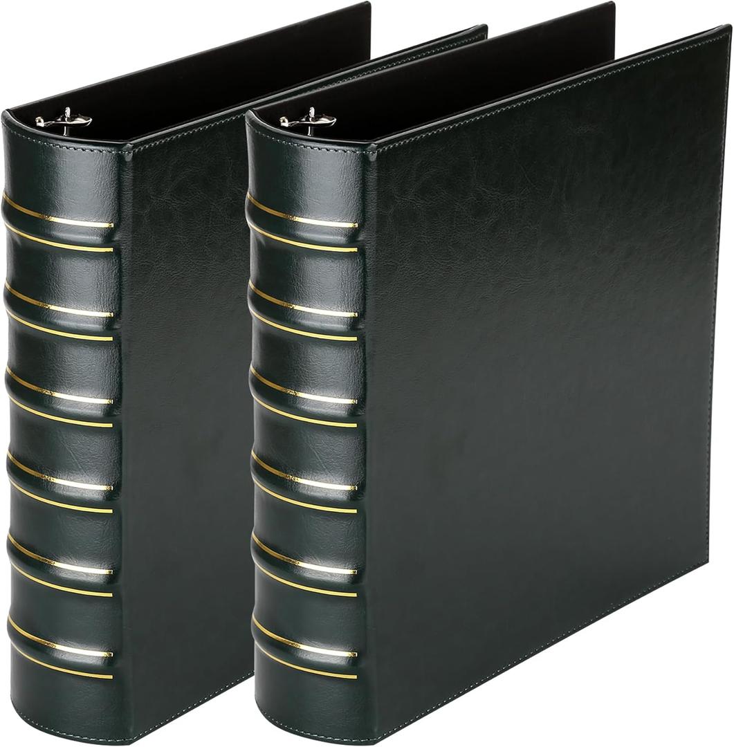 Vintage Hardback 3 Ring Binder 2 Inch, Professional Leather Binders 2 Inch D Ring, Holds 400 Sheets Capacity 2 Pack - Dark Green