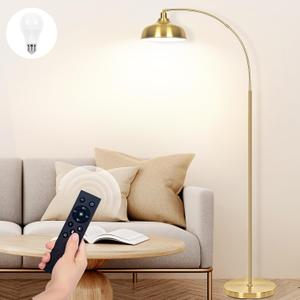 Gold Floor Lamps for Living Room- Arc Floor Lamps with 9W Bulb, 360 Adjustable Metal Shade, Remote Control Dimmable Floor Lamp, Over Couch Mid Century Modern Brass Floor Lamp for Bedroom, Office