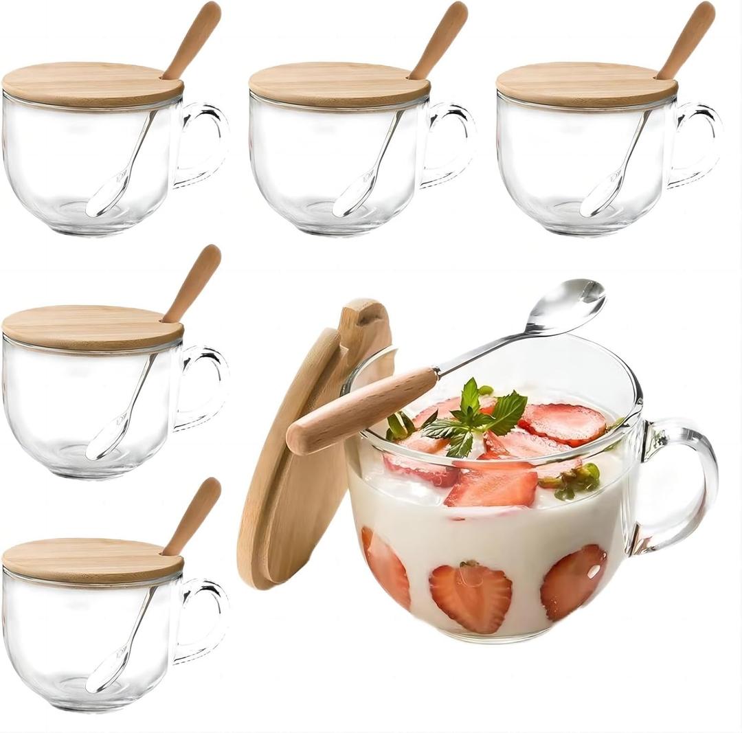 Sliner 6 Sets 16 oz Large Glass Coffee Mugs Gifts with Bamboo Lids Spoons Handle Vintage Clear Glass Tea Cups Jumbo Cute Coffee Bar Accessories for Hot Cold Iced Beverage Latte Glassware