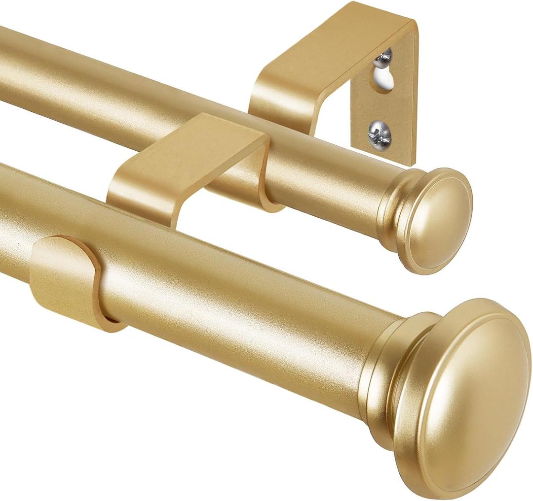 TONIAL 1 Inch Double Curtain Rods 66 to 120 Inches (5.5 to 10ft), Heavy Duty Decorative Drapery Rod Telescoping Splicing Dual Rod with Small Cap Finial, Gold