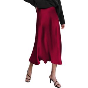Zeagoo Skirts for Women High Waist Skirt Elegant Midi Skirt Satin (X-Large, Wine Red)