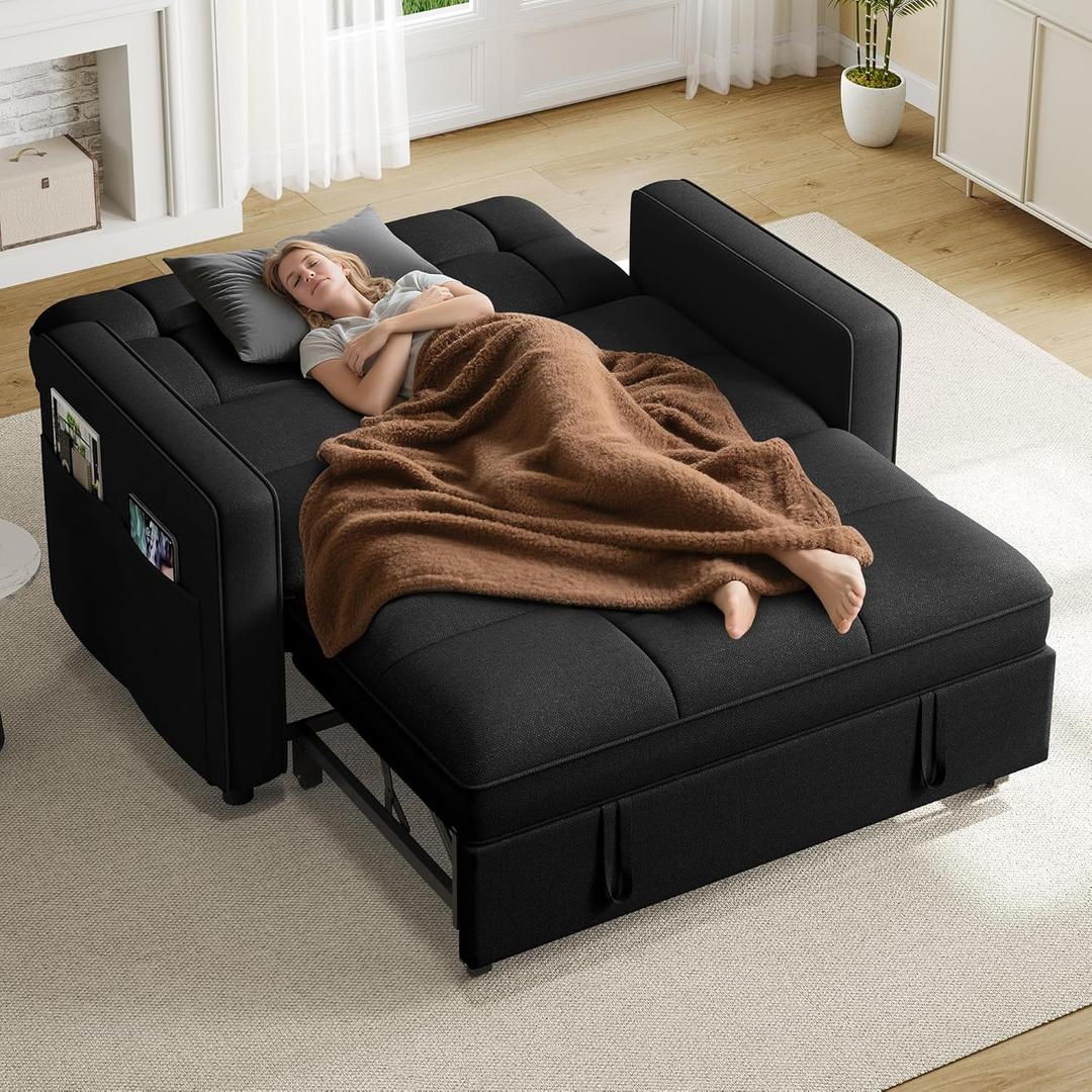 YITAHOME 55" Convertible Sofa Bed, 3-in-1 Sleeper Sofa with Iron Frame Pull-Out Bed, Linen Futon Couch with Reclining Backrest and Side Pocket, Modern Loveseat for Living Room Bedroom Apartment, Black