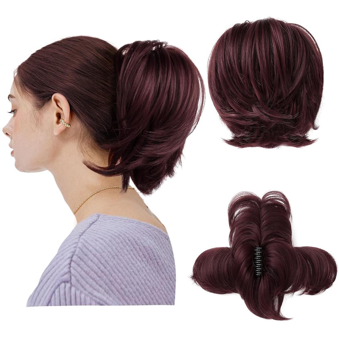 HOOJIH Messy Bun Hair Piece, Claw Clip in Straight Hair Bun 9 Inch Short Ponytail Extension with Bendable Metal Wire Hair Pieces for Women Fake Hair Bun DIY Styles - Wine Red