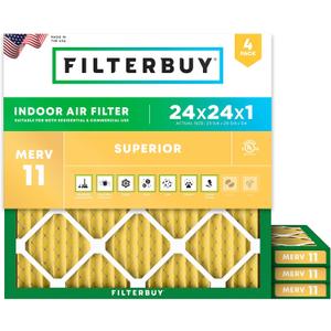 Filterbuy 24x24x1 Air Filter MERV 11 Superior Pet & Allergy Defense (4-Pack), Electrostatic Pleated HVAC AC Furnace Filters Replacement, Made in USA (Actual Size: 23.38 x 23.38 x 0.75)