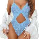 Avidlove Sexy Lingerie for Women Lace Teddy One Piece Cross Strap Bodysuit Lingerie (Medium, Light Blue)