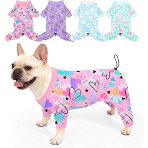 Bienbee Dog Pajamas, 4 Pack Cute Soft Dog Puppy Clothes Dogs Pjs Onesies Jammies Outfit Adjustable Breathable & Stretchy Clothes for Small Medium Large Dogs Girl Boy Puppy-L