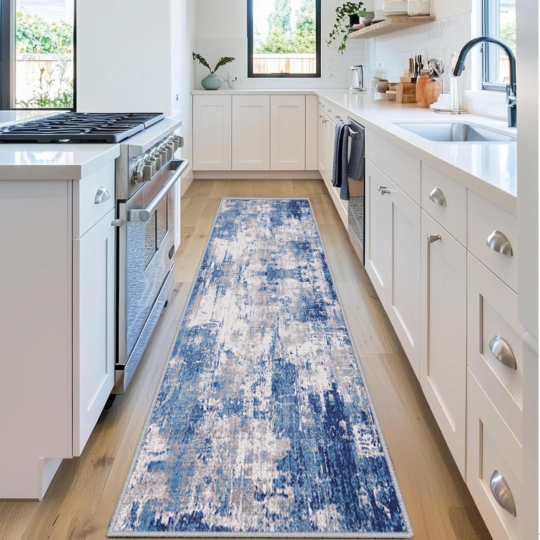 RELEANY Washable Area Rugs 2'x6' Non-Slip Modern Abstract Soft for Living Room Entryway Bedroom Nursery, Print Pattern, Blue Grey Navy Gray