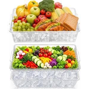 2pcs Chilled Serving Tray, Clear Cold Food Serving Trays for Party Buffet & Catering, Multi-Sectional Ice Trays for Vegetable and Fruit, Keep Food Fresh with Ice Chamber