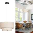 18" Modern Double Drum Fabric Pendant Light, Large Hanging Ceiling Chandelier Fixture with Dual Layer Fabric Shade, Ideal for Dining Room, Living Room, Bedroom, and Kitchen