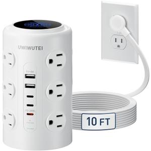 Tower Power Strip with 1 Dedicated PD 20W Fast-Charging Port, 12 Outlets, 5 USB Ports (3 USB-C), 1800J Protector, Desk Charging Station for Multiple Devices,10FT Extension Cord, Home Office Essentials