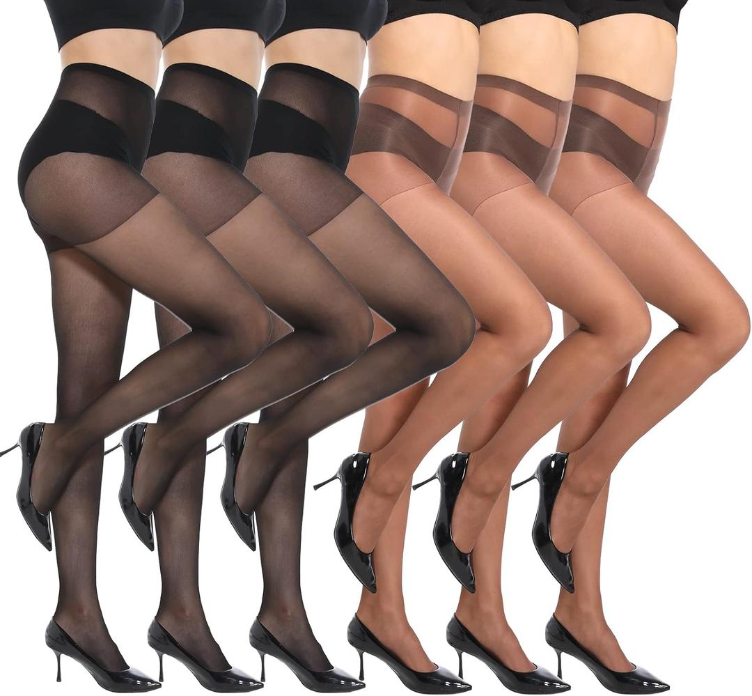MANZI 6 Pairs 20D Women's Sheer Tights Ultra Thin High Waist Pantyhose Thigh Stockings, Coffee, Black, M
