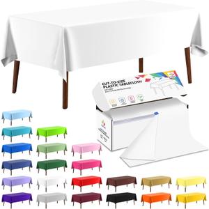CXPSINC 54 Inch X 300 Feet Plastic Table Cover Roll Disposable Tablecloth with Slide Cutter for All Type/Shape Tables | Party, Banquet, Birthdays, Weddings(White, 300 Feet)