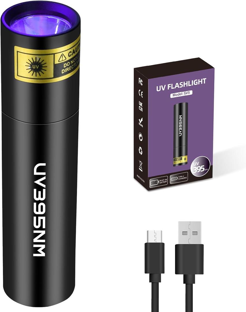 UV Flashlight Rechargeable 395nm Black Light for Pet Urine Detection, USB - C Portable Blacklight Mini Powerful Woods Lamp LED ultra violet Flashlights uv for Resin Curing, Leak Detection, Travel